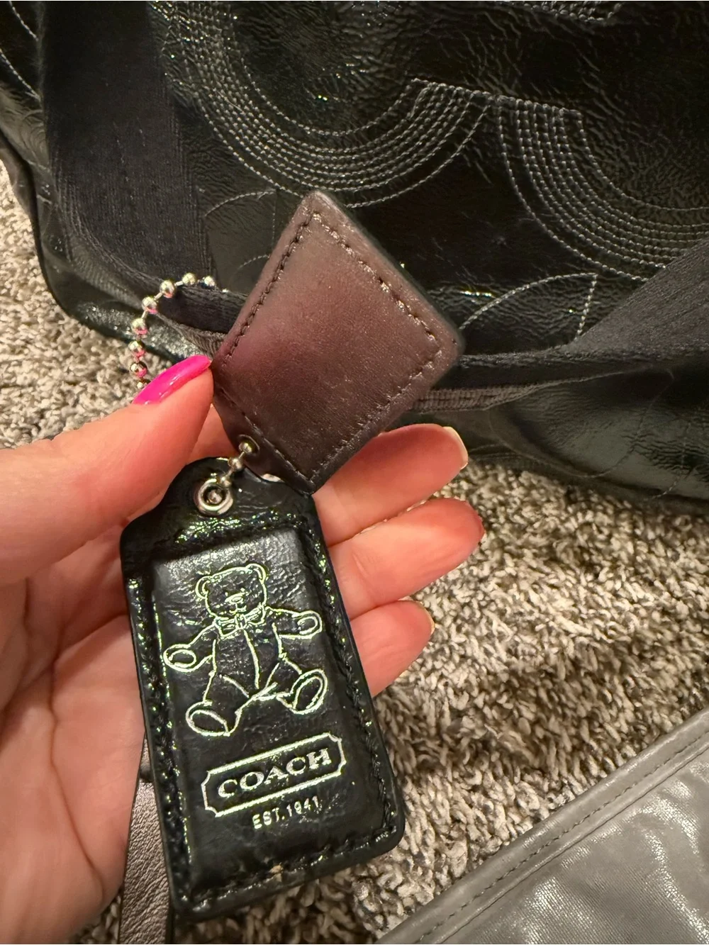 Coach Signature Patent Leather Diaper Bag Black Gray Tote Bag W/ Changing Pad